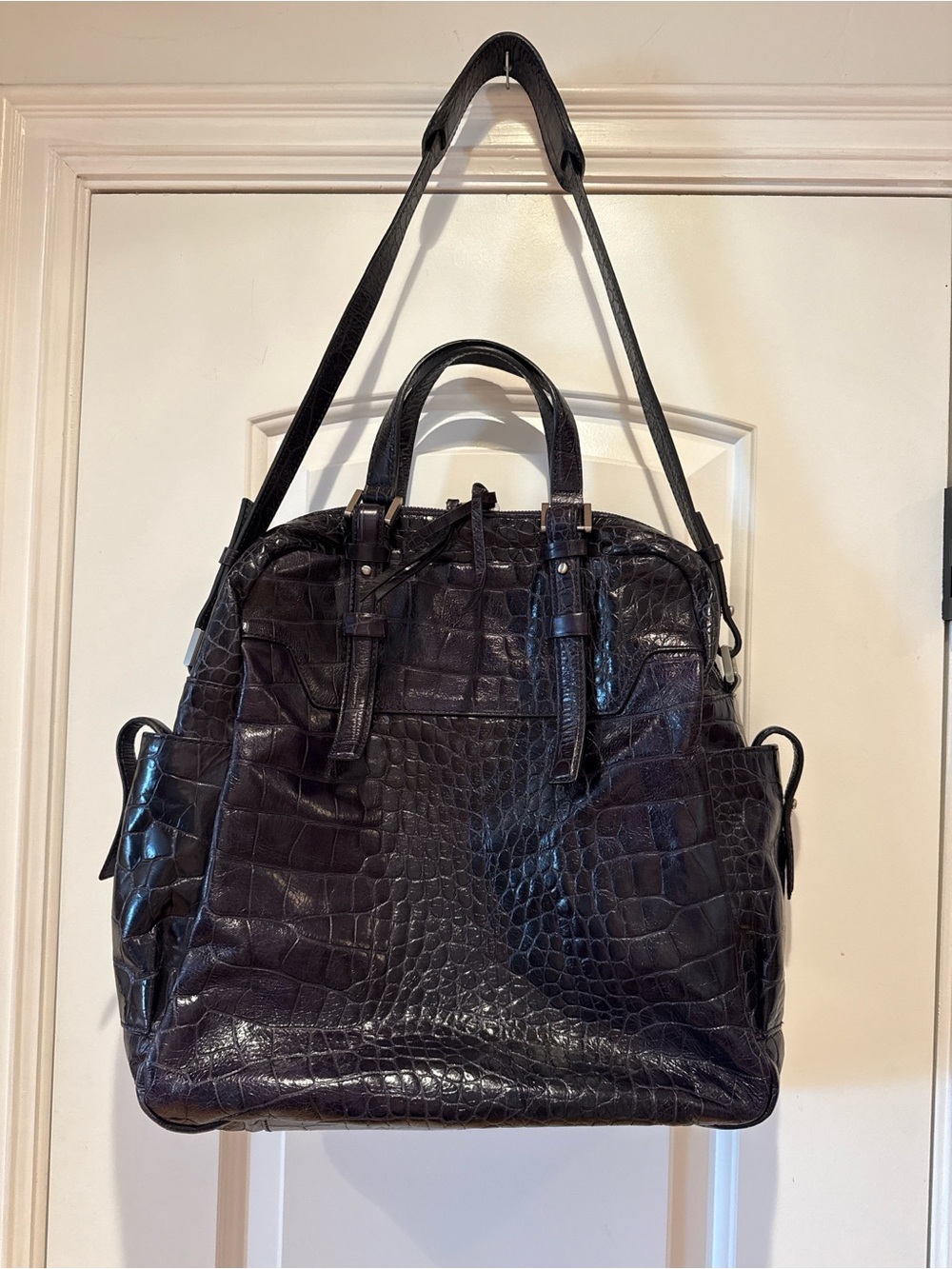 Francesco Biasia Croco-Embossed Black Tote with Shoulder Strap